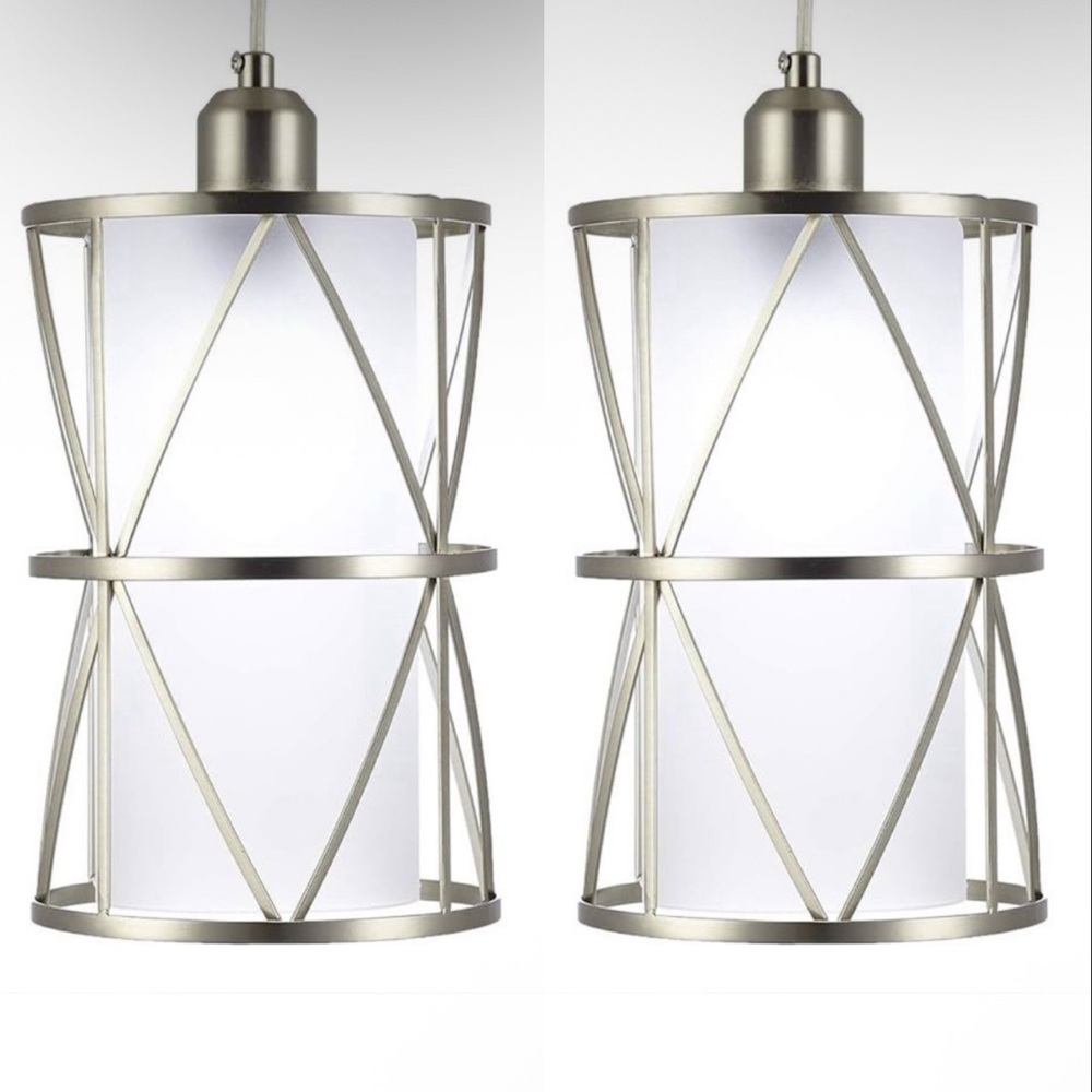 Set of 2 Modern Pendant Lights in Brushed Nickel Finish with Frosted Glass Shade